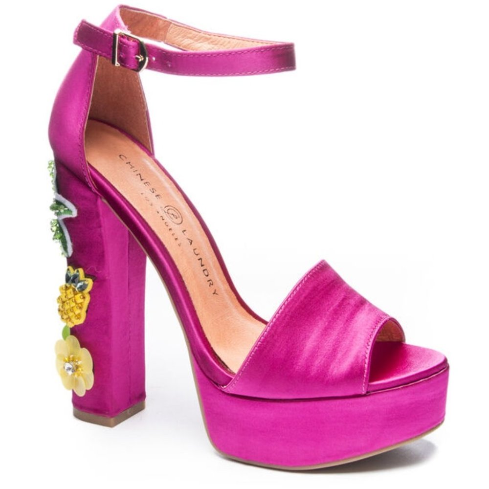 Chinese Laundry Aloha Embellished Platform Sandal Heel Hot Pink Satin W 8.0 USA